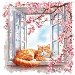 "Ginger Cat on the Windowsill" Postcard (26-7) (AI)