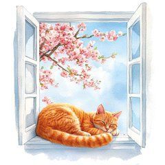"Ginger Cat on the Windowsill" Postcard (26-8) (AI)